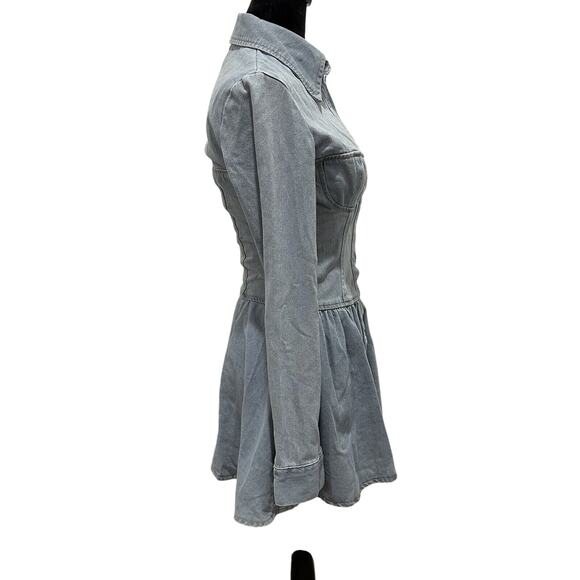 PLT Denim Corset Bustier Mini Dress Size 2 Vintage Wash Long Sleeve Peplum - Picture 6 of 14